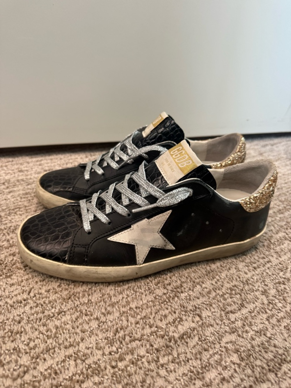 Golden Goose Black Leather Sneakers with Silver Star and Gold Glitter Heel